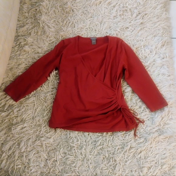 Ann Taylor Elegant Red Wrap Top Petite PL Side Faux Tie W Beads - Picture 6 of 6